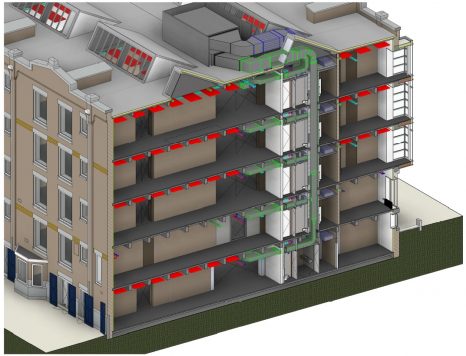 In opdracht van Dura Vermeer hebben wij de contract- en werktekeningen gemaakt van dit te renoveren/te verbouwen kantoorpand (uit omstreeks 1850). Aan de hand van een pointcloud inmeting hebben wij in eerste instantie het bestaande pand gemodelleerd. Met dit model is het ontwerp van Cruz Y Ortiz getoetst en verder in de maat gezet; en zijn er vervolgens door ons contract- en werktekeningen gemaakt.
