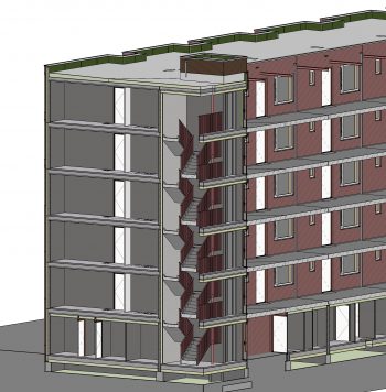 Als onderdeel van het project Nieuwe Kadekwartier in Arnhem bouwt Kuiper Arnhem naast diverse andere woningen deze 45 appartementen in opdracht van Volkshuisvesting. Het ontwerp komt van Wiegerinck architecten.
Kuiper heeft ons ingeschakeld om deze appartementen uit te werken in BIM tot een uitvoering gereed ontwerp zodanig dat diverse partijen middels het model kunnen worden aangestuurd; onder andere diverse prefab (galerijen en trappen), de kozijnen en het kalkzandsteen. Het BIM model voldoet aan de ILS.
De naast gelegen vier (koop) woningen zijn reeds op een zelfde wijze door ons uitgewerkt.
